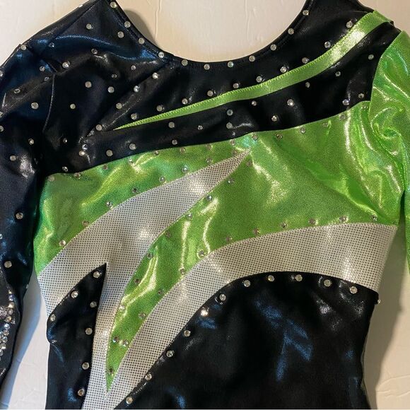Ozone gymnastics green foil competition 3/4 sleeve custom leotard rhinestone YL - Picture 4 of 11